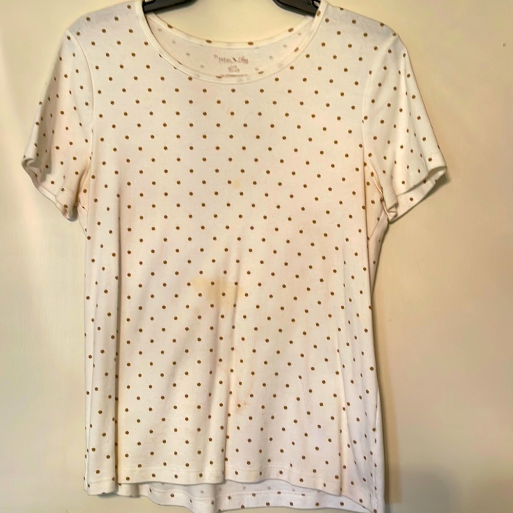 White Stag white with dark tan polka dot scoop neck T-shirt. Nice soft fabric.